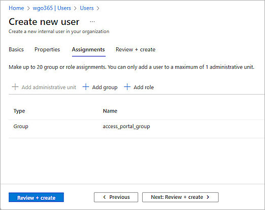 Screenshot of Entra ID, Azure new user setup 2